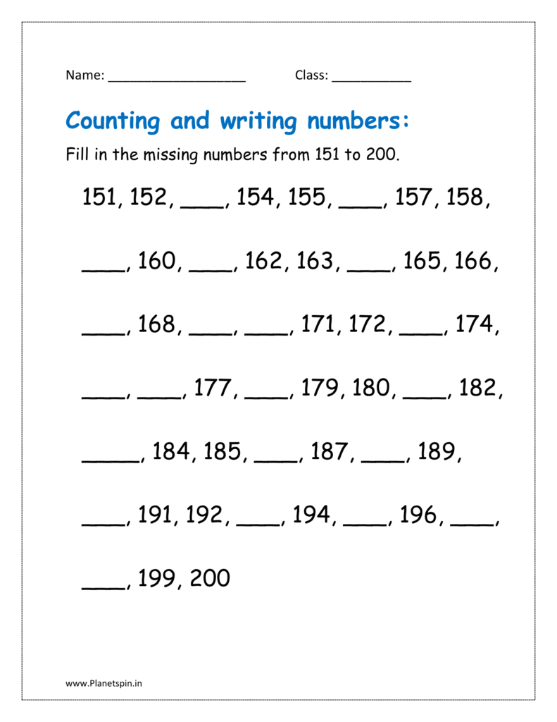 Fill in the missing numbers from 151 to 200.