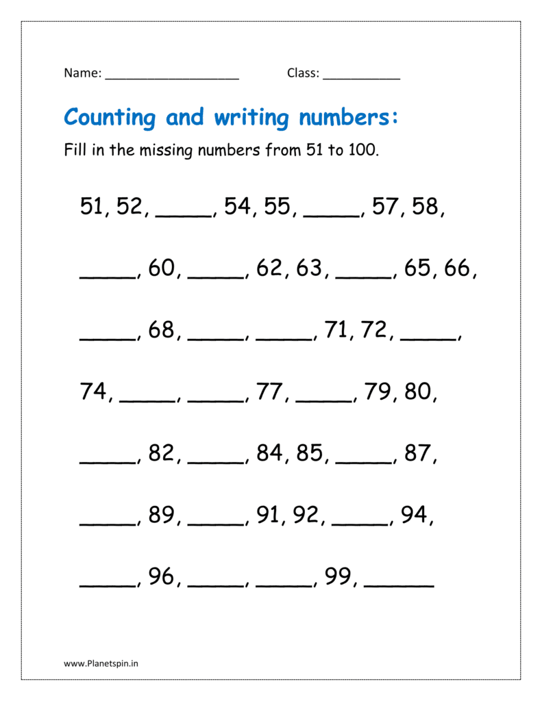 Fill in the missing numbers from 51 to 100.