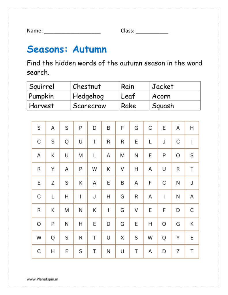 Find the hidden words of the autumn season in the word search