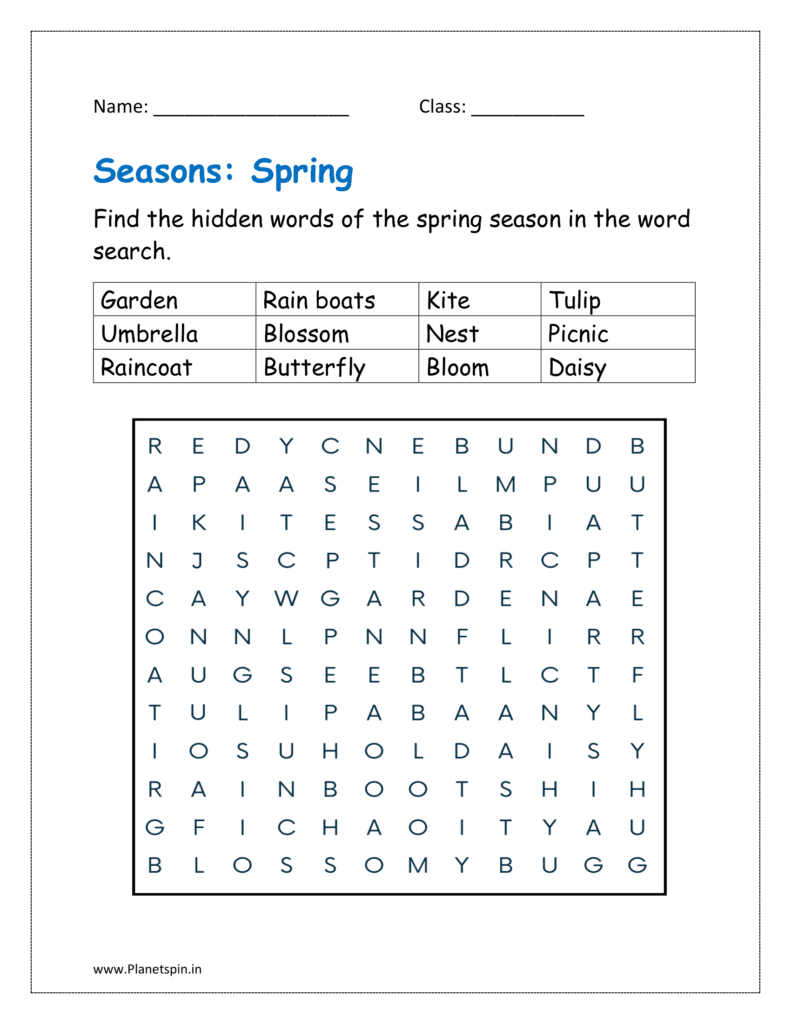 Find the hidden words of the spring season in the word search 