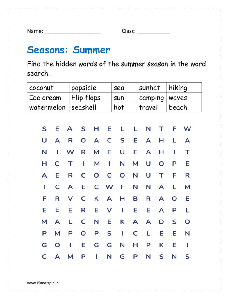 Find the hidden words of the summer season in the word search