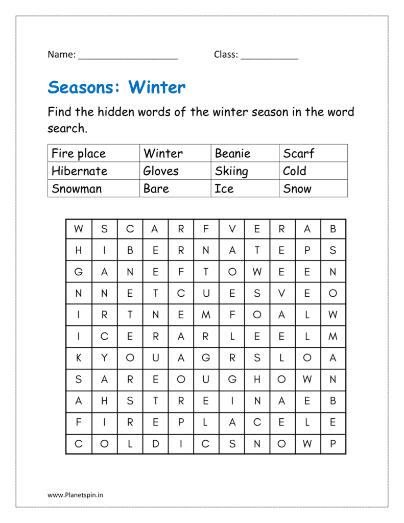 Find the hidden words of the winter season in the word search 