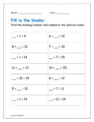 Find the missing numbers and complete the addition