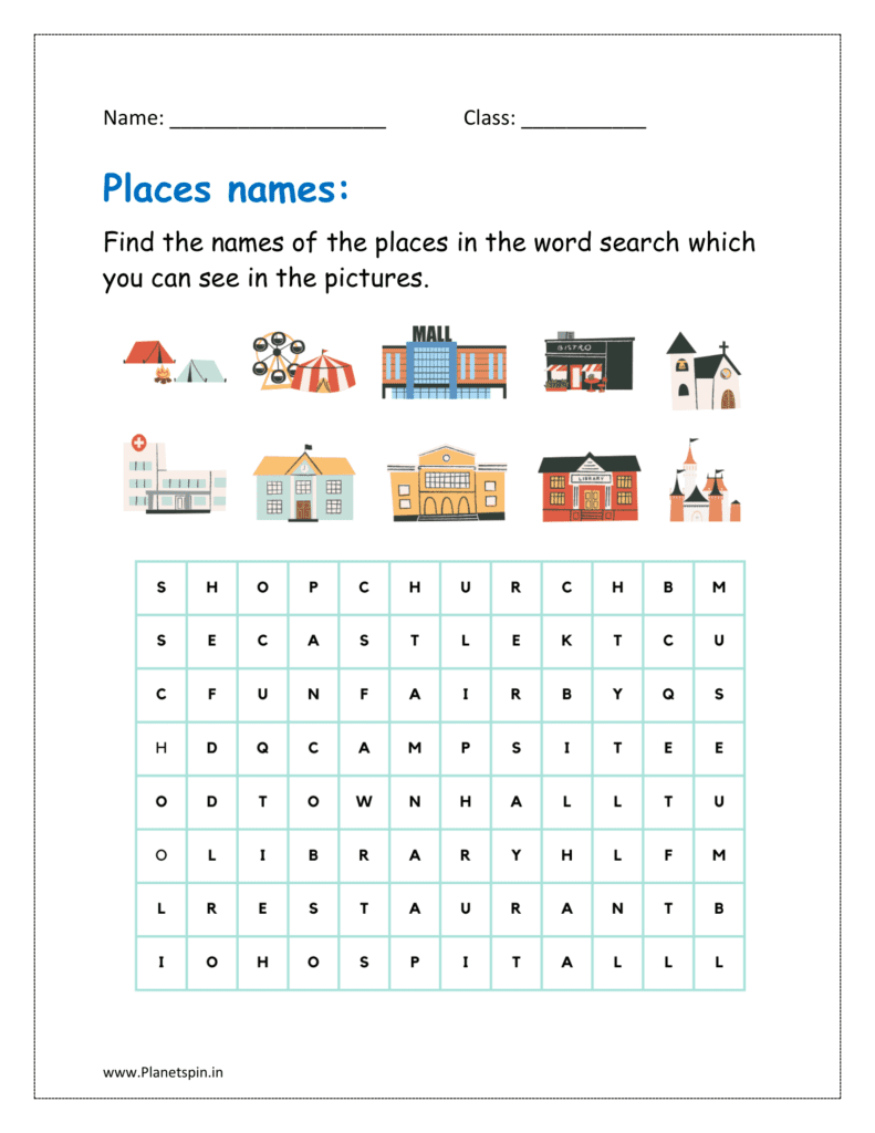 Find the names of the places in the word search which you can see in the pictures