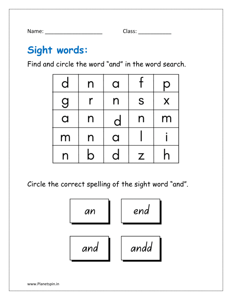 and: Find and circle the word “and” in the word search in the given kindergarten worksheets