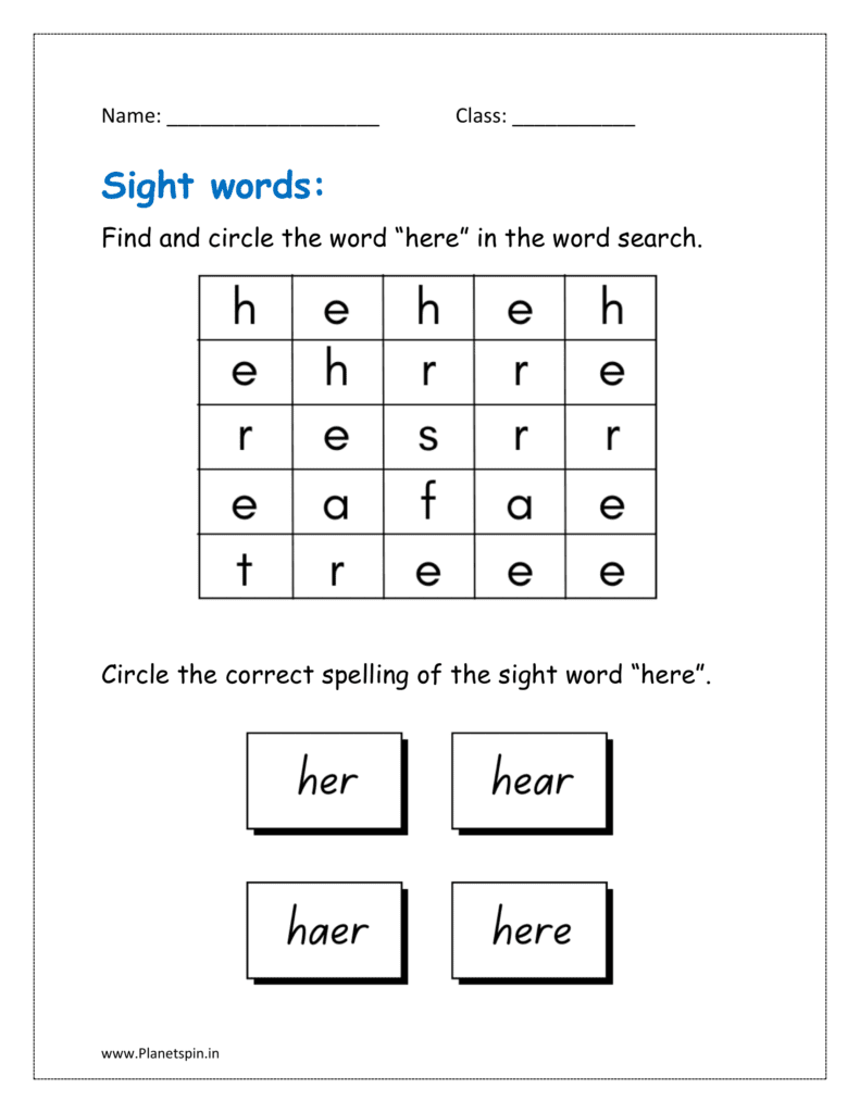 here: Find and circle the word “here” in the word search