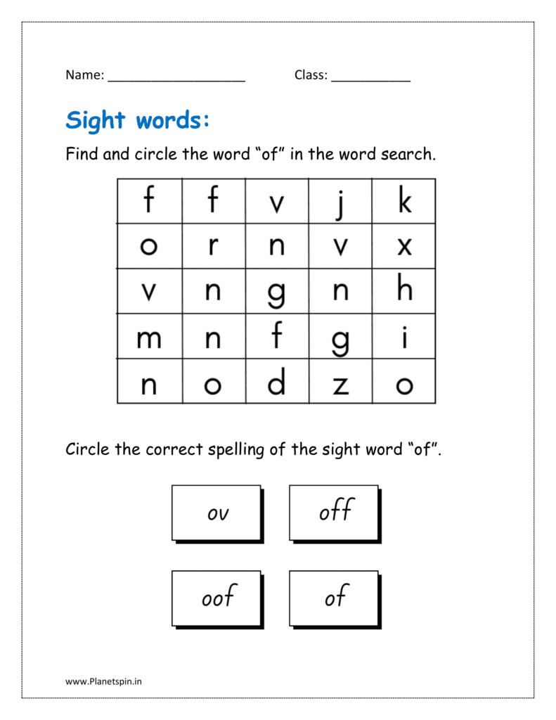 of: Find and circle the word “of” in the word search