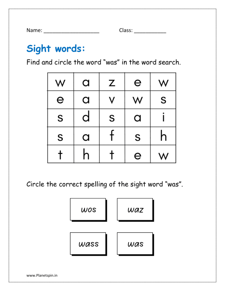 was: Find and circle the word “was” in the word search given in the worksheets pdf for free