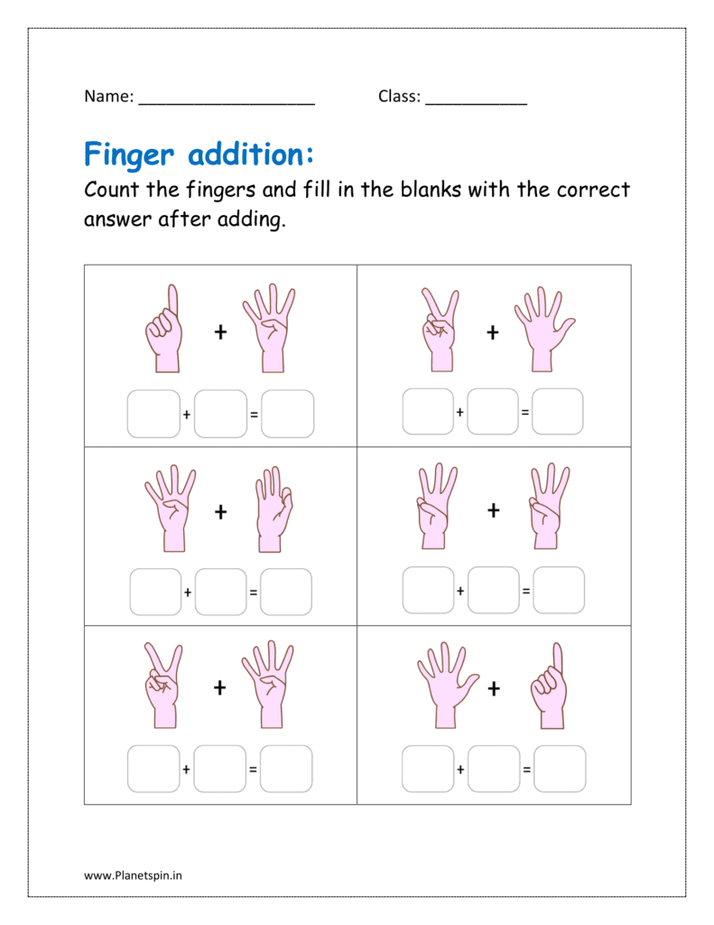 Count the fingers and fill in the blanks with the correct answer after adding.