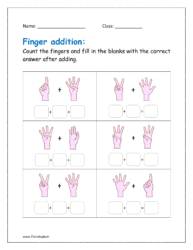 Count the fingers and fill in the blanks with the correct answer after adding.