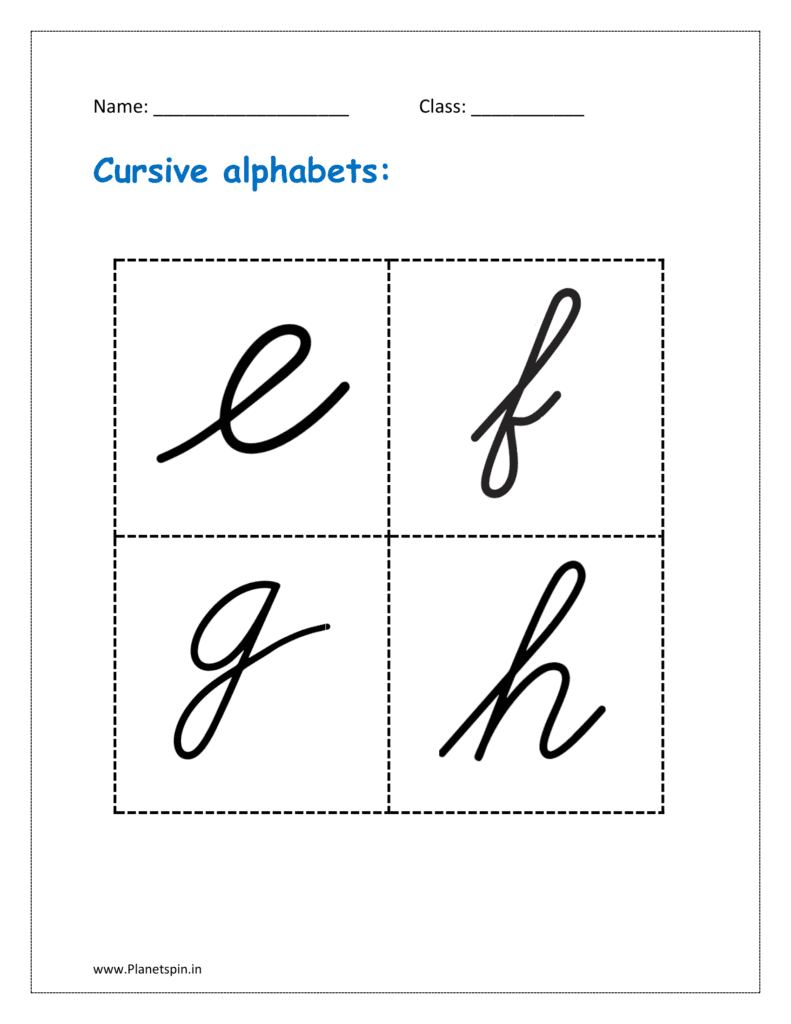 flashcards printable cursive alphabet for classroom: e to h