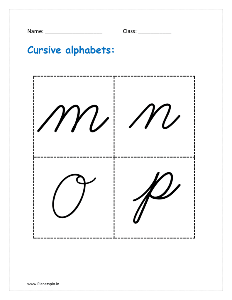 Cursive alphabets: m to p