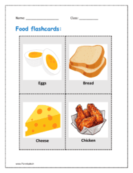 Food flashcards kindergarten: Eggs, bread, cheese, chicken