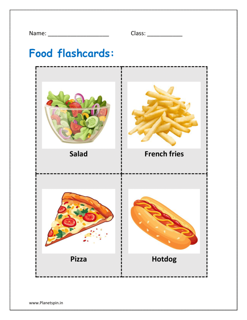  Salad, french fries, pizza, hotdog