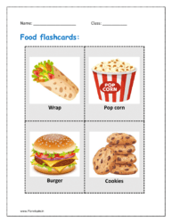 Food flashcards kindergarten: Wrap, popcorn, burger, cookies