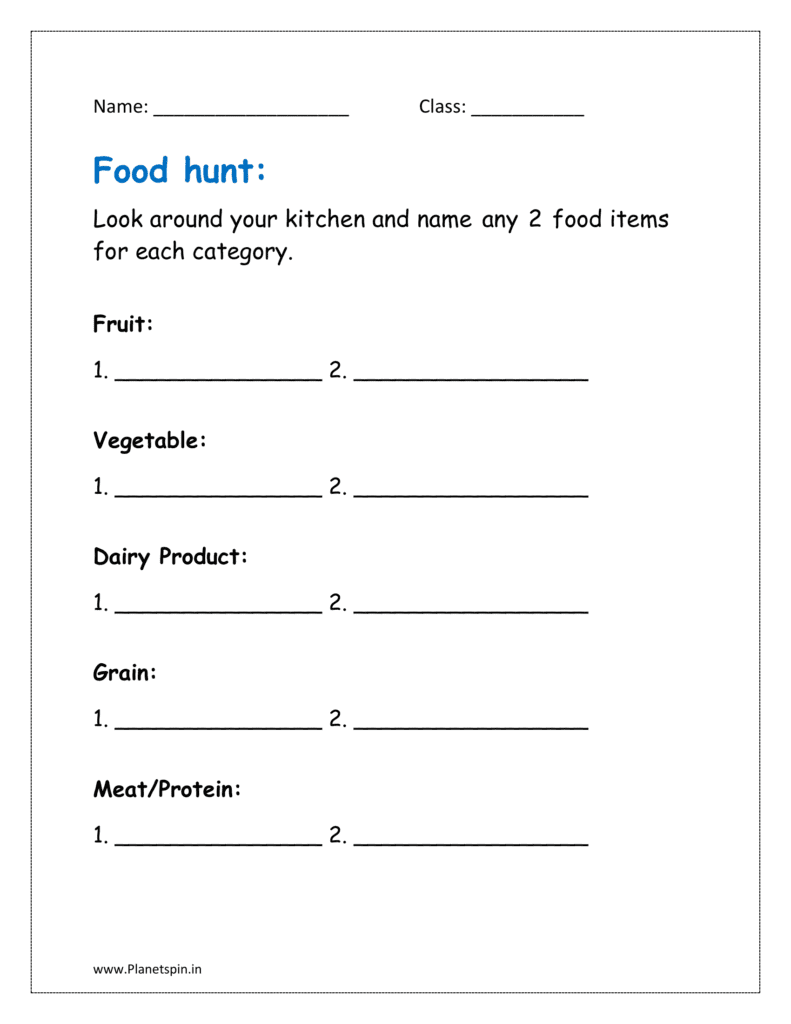 Look around your kitchen and name any 2 food items for each category in class 1 worksheet. 