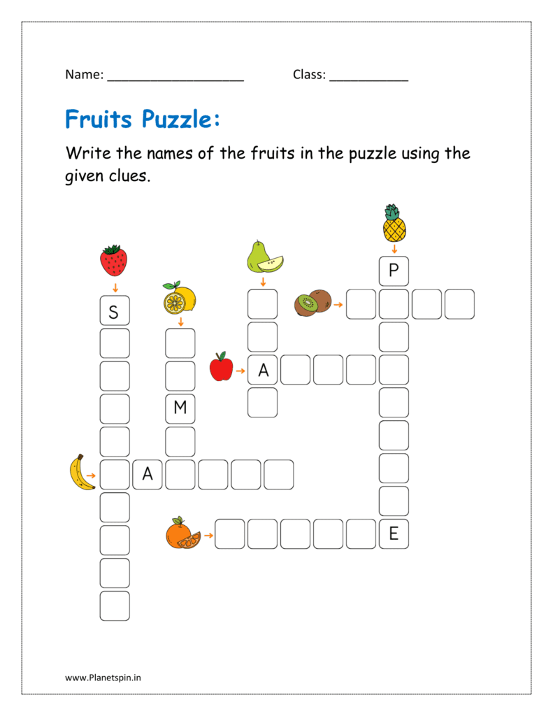 Write the names of the fruits in the puzzle using the given clues