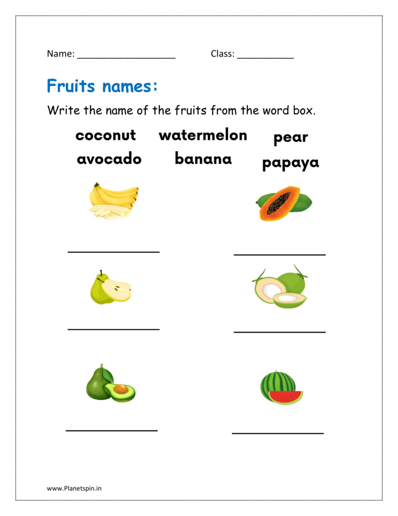 Write the name of the fruits from the word box in the kindergarten worksheet pdf