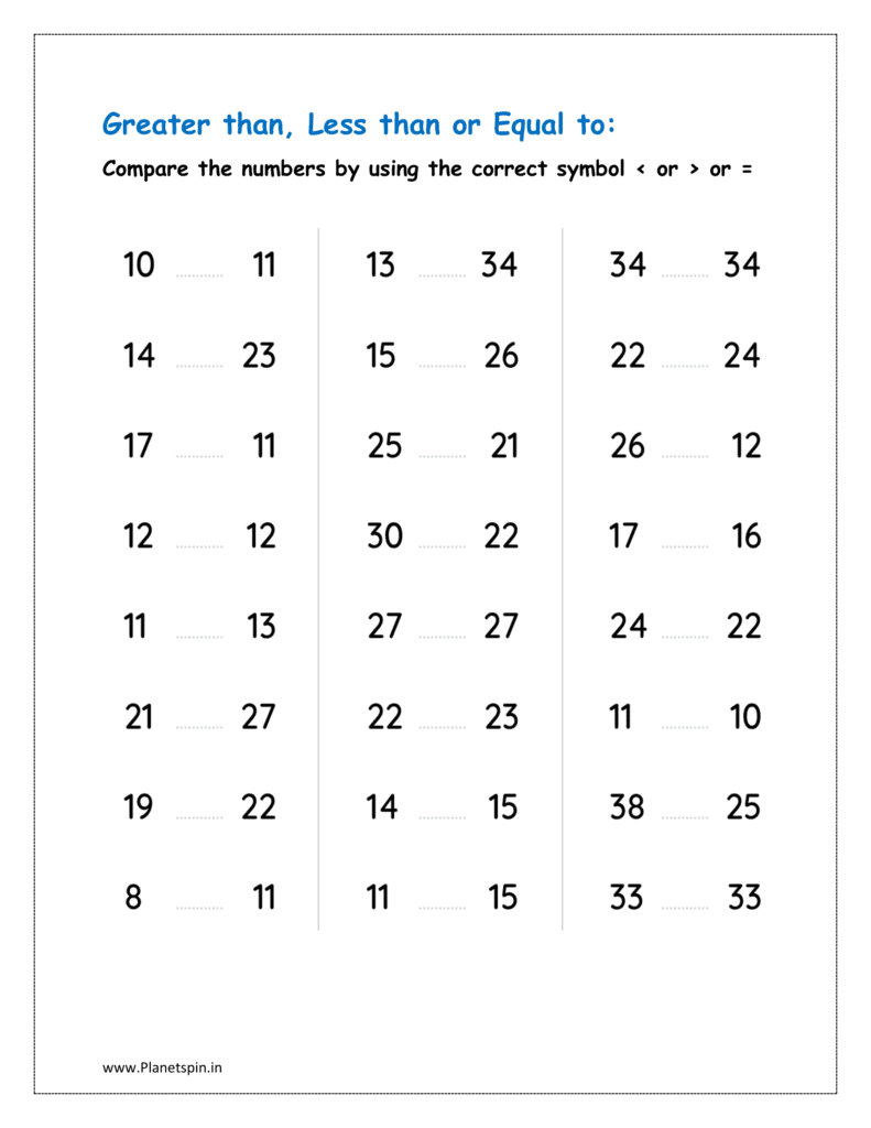 Numbers: Compare the numbers by using the correct symbol < or > or =