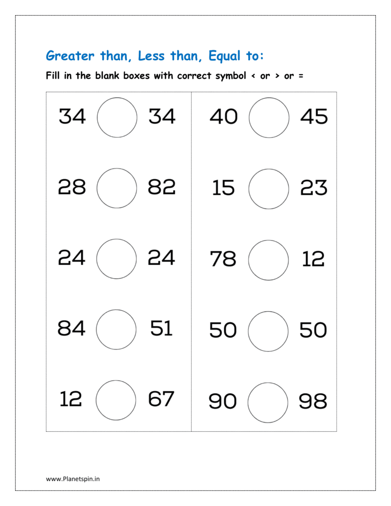 Numbers: Fill in the blank boxes with correct symbol < or > or = (less than greater than worksheets for grade 1)