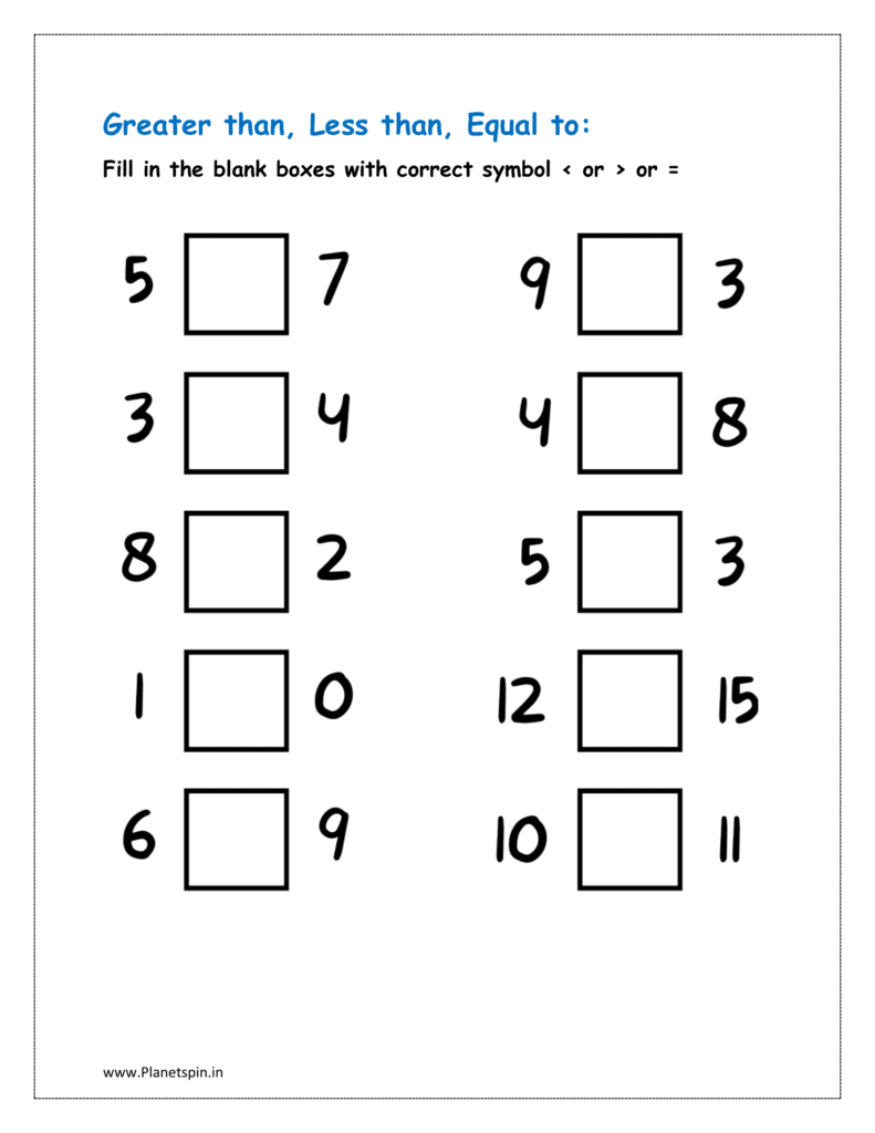 Numbers: Fill in the blank boxes with correct symbol < or > or =  