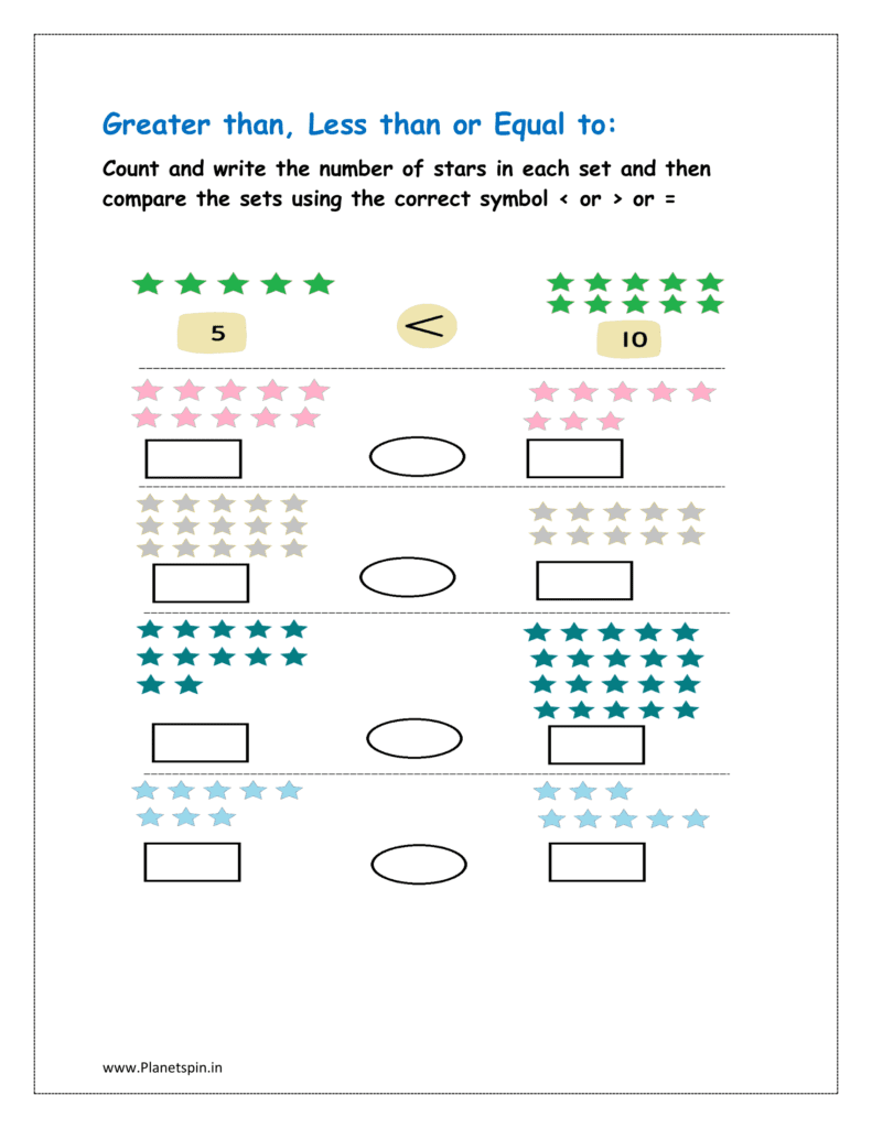 Stars: Count and write the number of stars in each set and then compare the sets using the correct symbol < or > or =