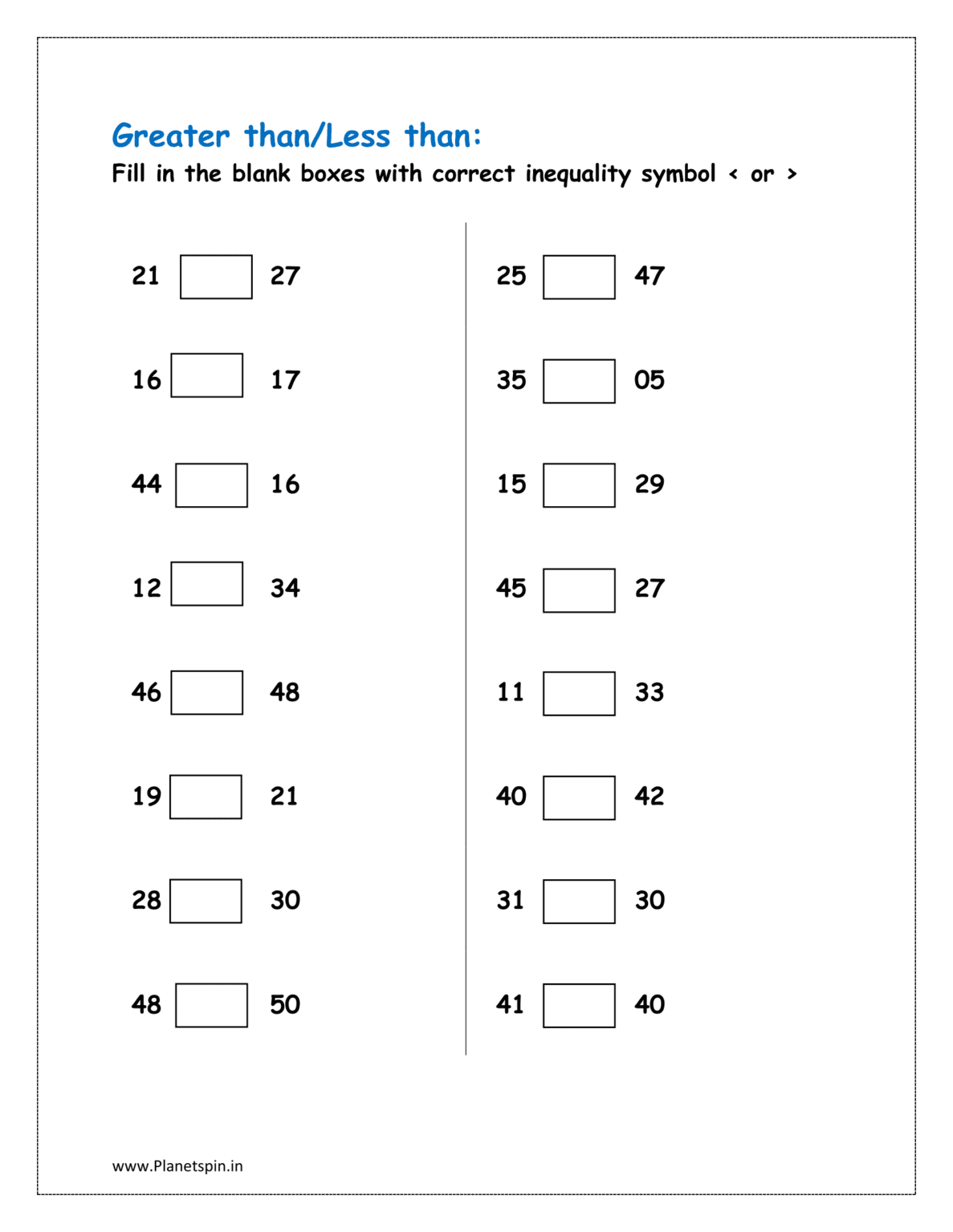 Greater Than Less Than Worksheets Grade 1