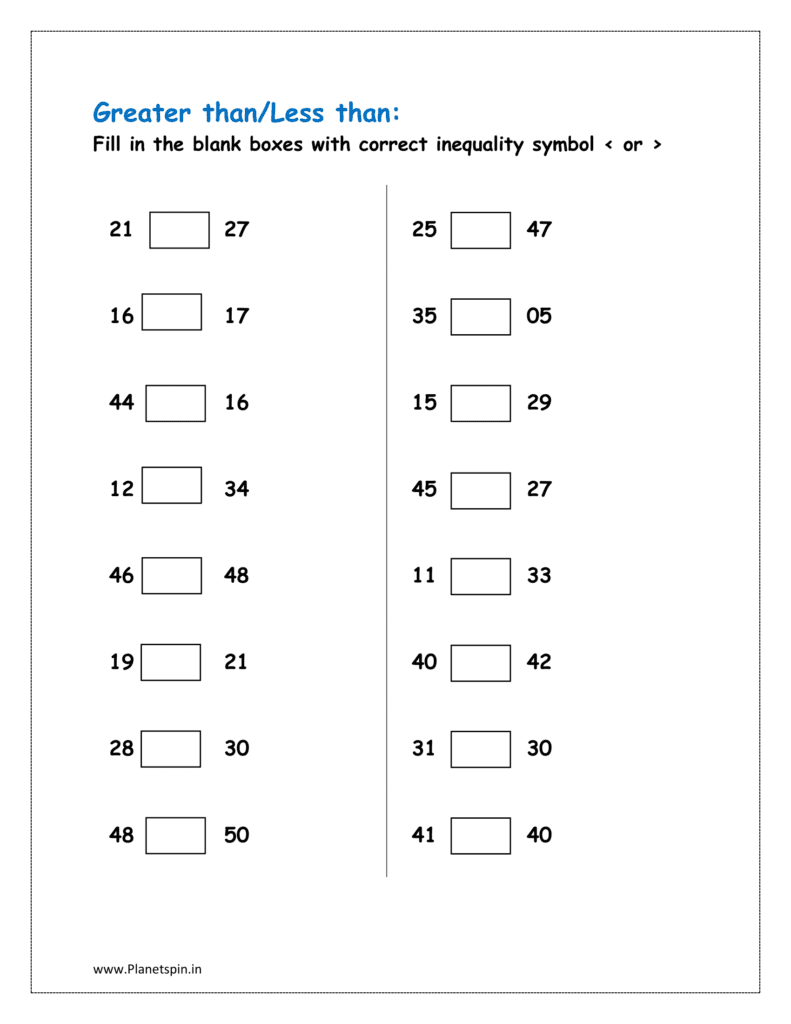 Greater than less than equal worksheet for grade 1