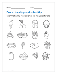 Color the healthy food and cross out the unhealthy one