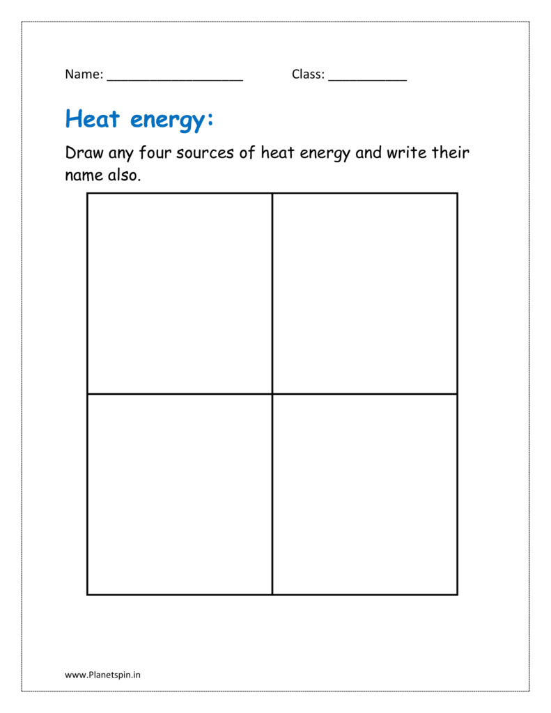 Draw any four sources of heat energy and write their name also in the given worksheet