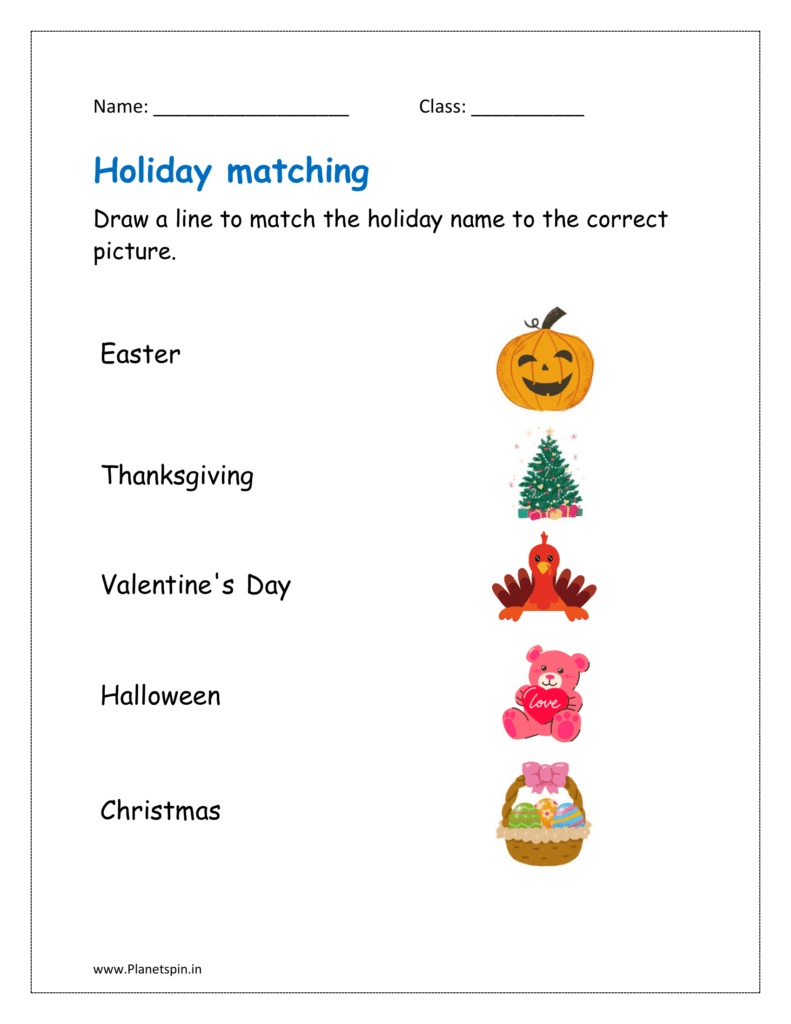 Draw a line to match the holiday name to the correct picture.