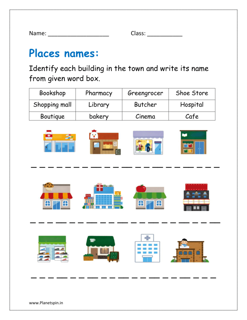 Identify each building in the town and write its name from given word box