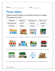 Identify each building in the town and write its name from given word box