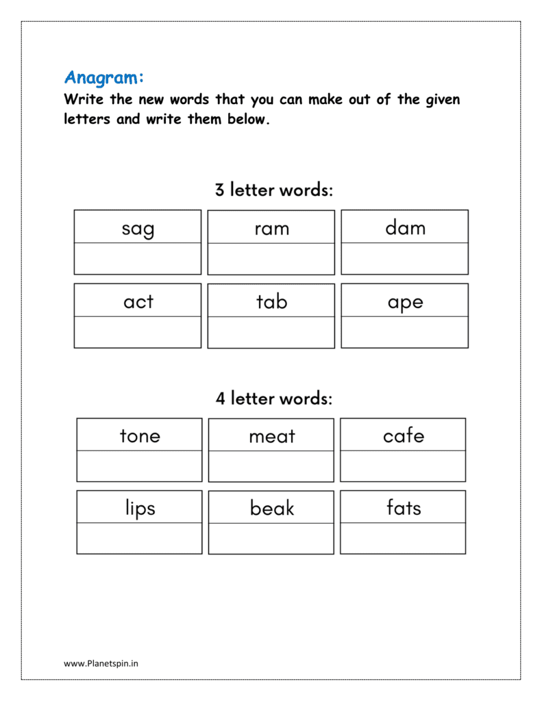 Write the new words that you can make out of the given letters and write them below (jumble words worksheet)