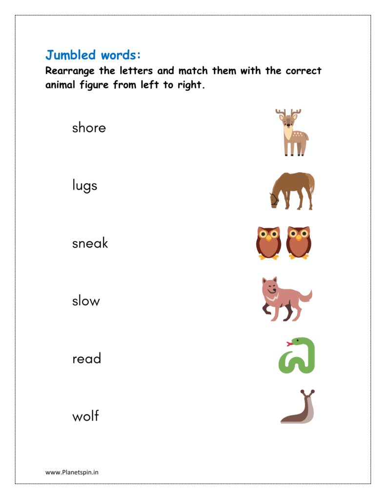 Rearrange the letters and match them with the correct animal figure from left to right