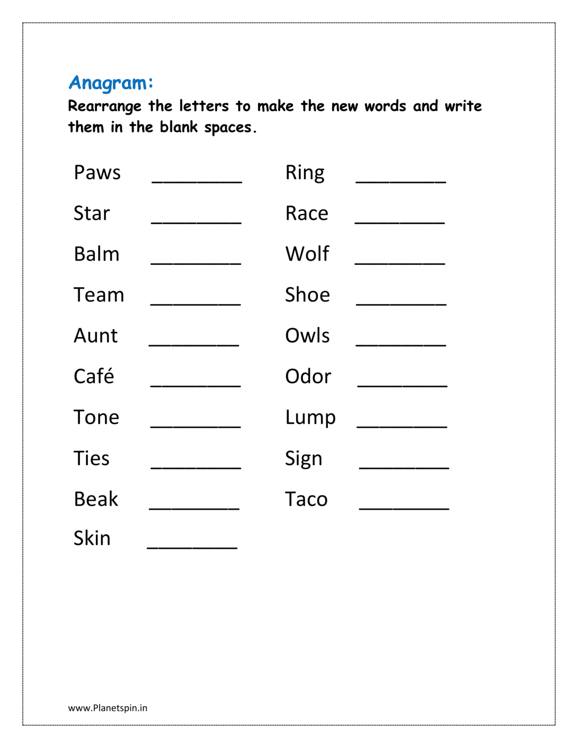 Solve jumble words worksheets | Planetspin.in