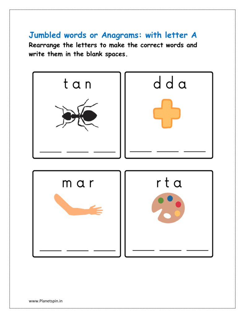 A: Rearrange the letters to make the correct words with initial letter A