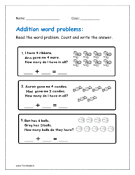 Read the word problem. Count and write the answer (kindergarten addition word problems worksheets)
