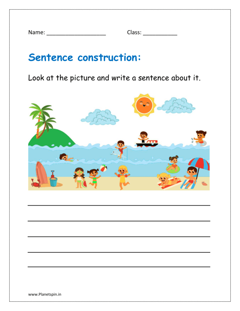 Look at the picture and write a sentence about it in the given sentence construction grade 1 worksheet