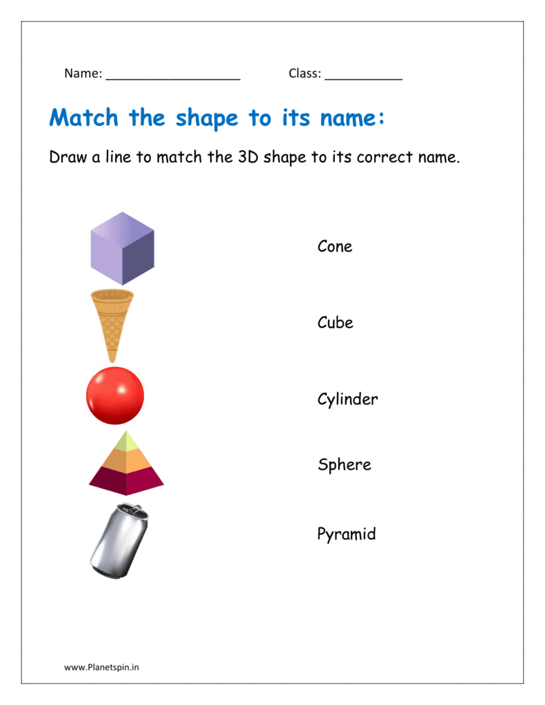 Draw a line to match the 3D shape to its correct name in free given worksheet.