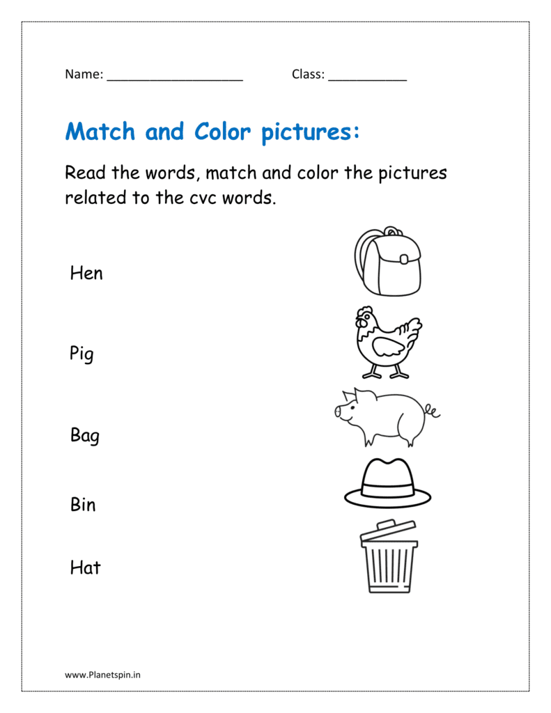 Read the words, match and color the pictures related to the cvc words