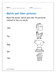 Read the words, match and color the pictures related to the cvc words