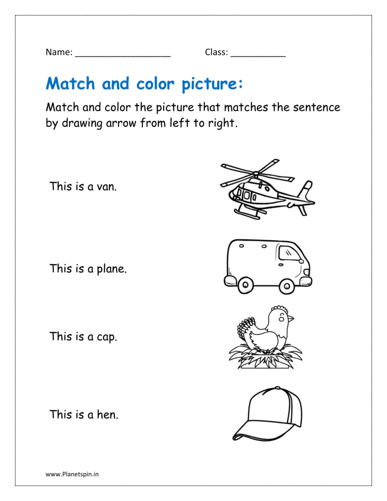 Match and color the picture that match the sentences by drawing arrow from left to right.