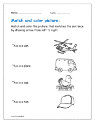 Match and color the picture that match the sentences by drawing arrow from left to right.