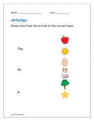 Draw a line from the article to the correct noun (articles worksheet for class 1)