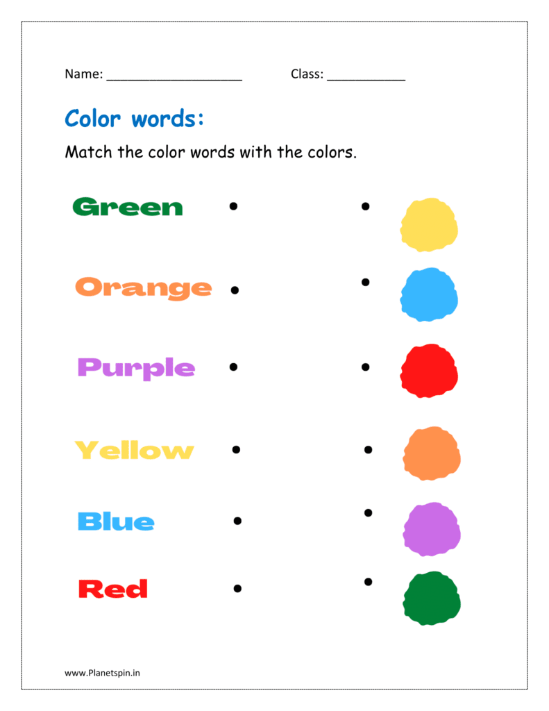 Match the color words with the colors in the given free printable kindergarten worksheet 