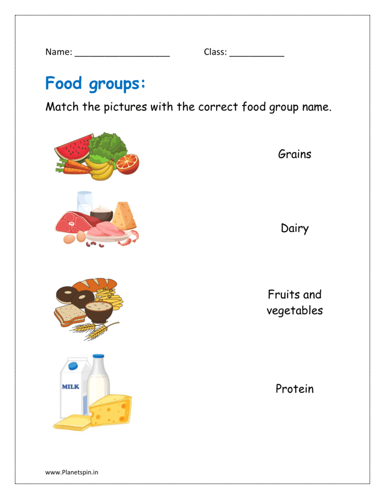 Match the pictures with the correct food group name (worksheet on food groups)
