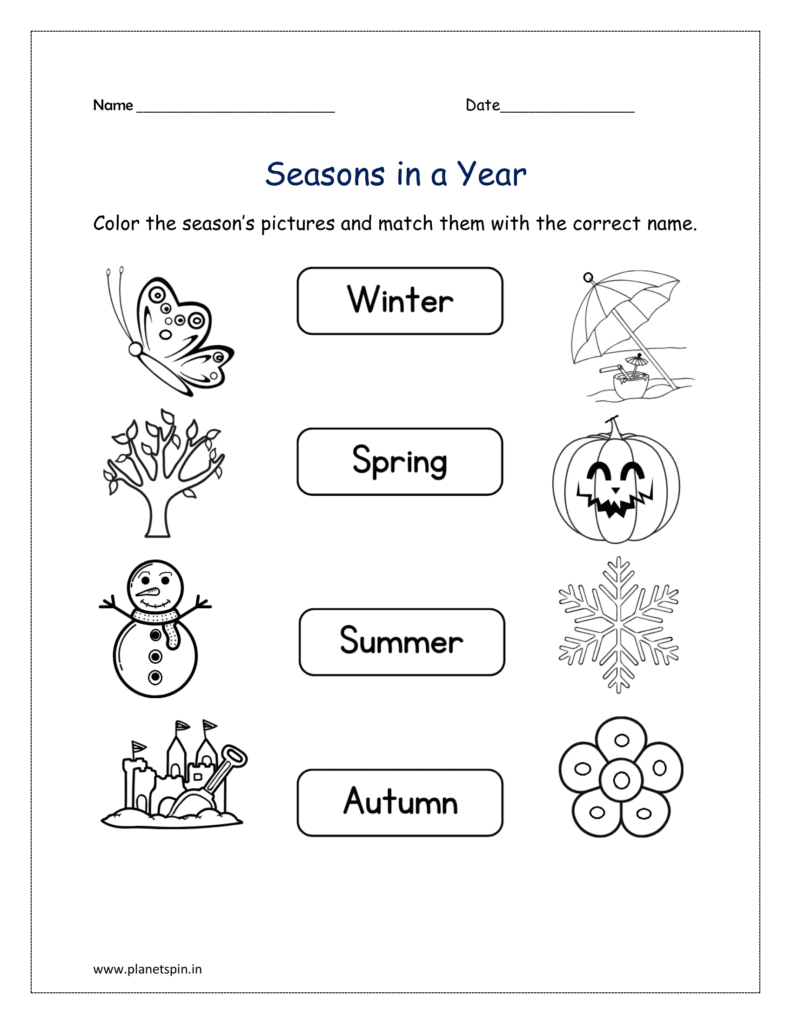 Color and match: Color the season’s pictures and match them with the correct name