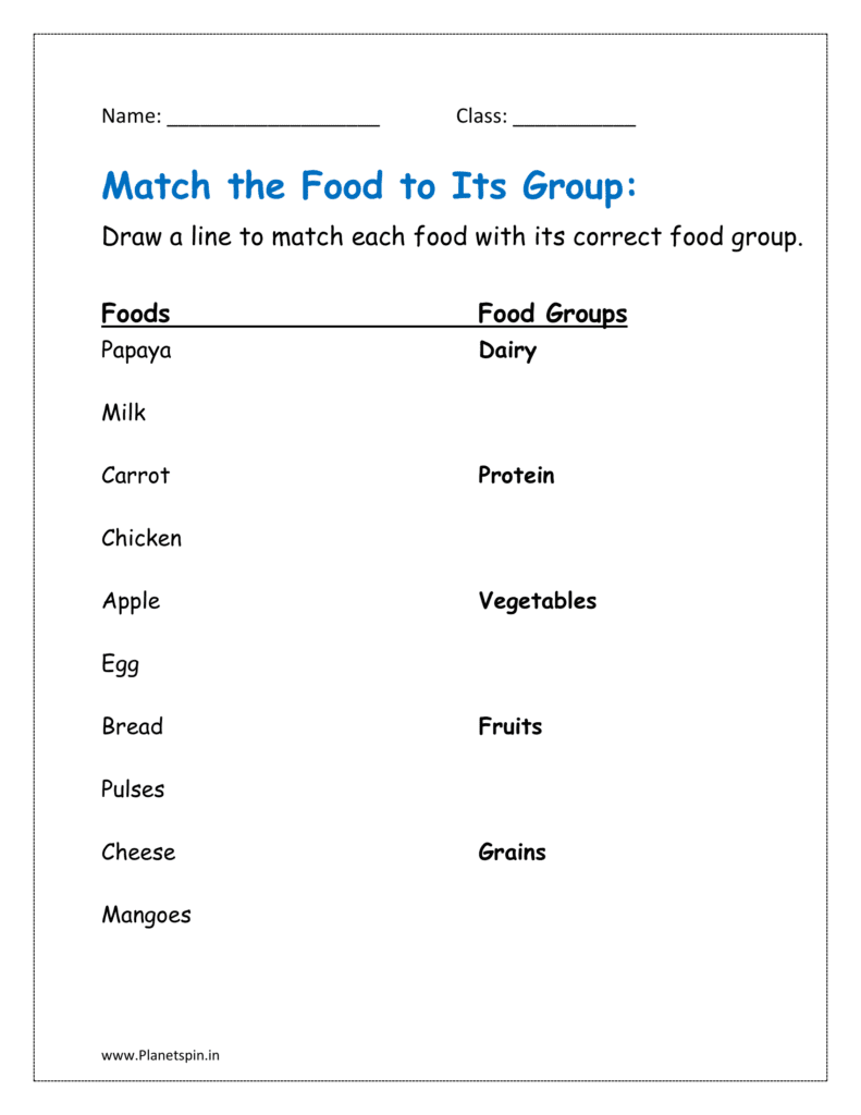 Draw a line to match each food with its correct food group for class 1 worksheet.