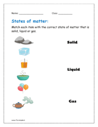 Match each item with the correct state of matter that is solid, liquid or gas